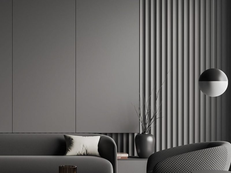 Dark living room interior with sofa and two armchairs, carpet on grey concrete floor. Relaxing area with panoramic window on countryside. Copy space empty wall. 3D rendering